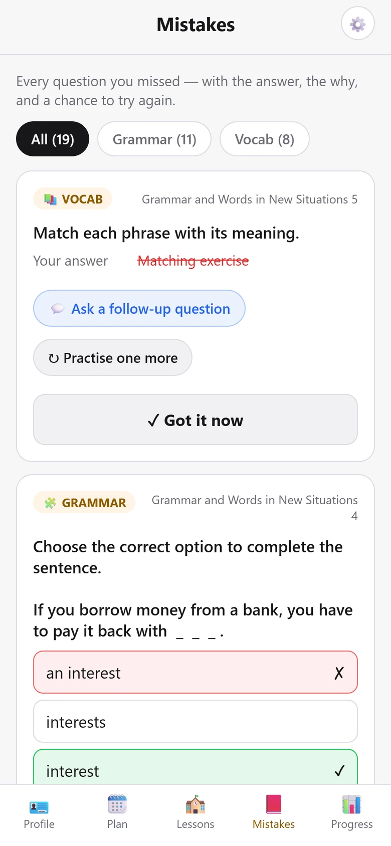 The mistake notebook with a missed question, its answer, and follow-up options